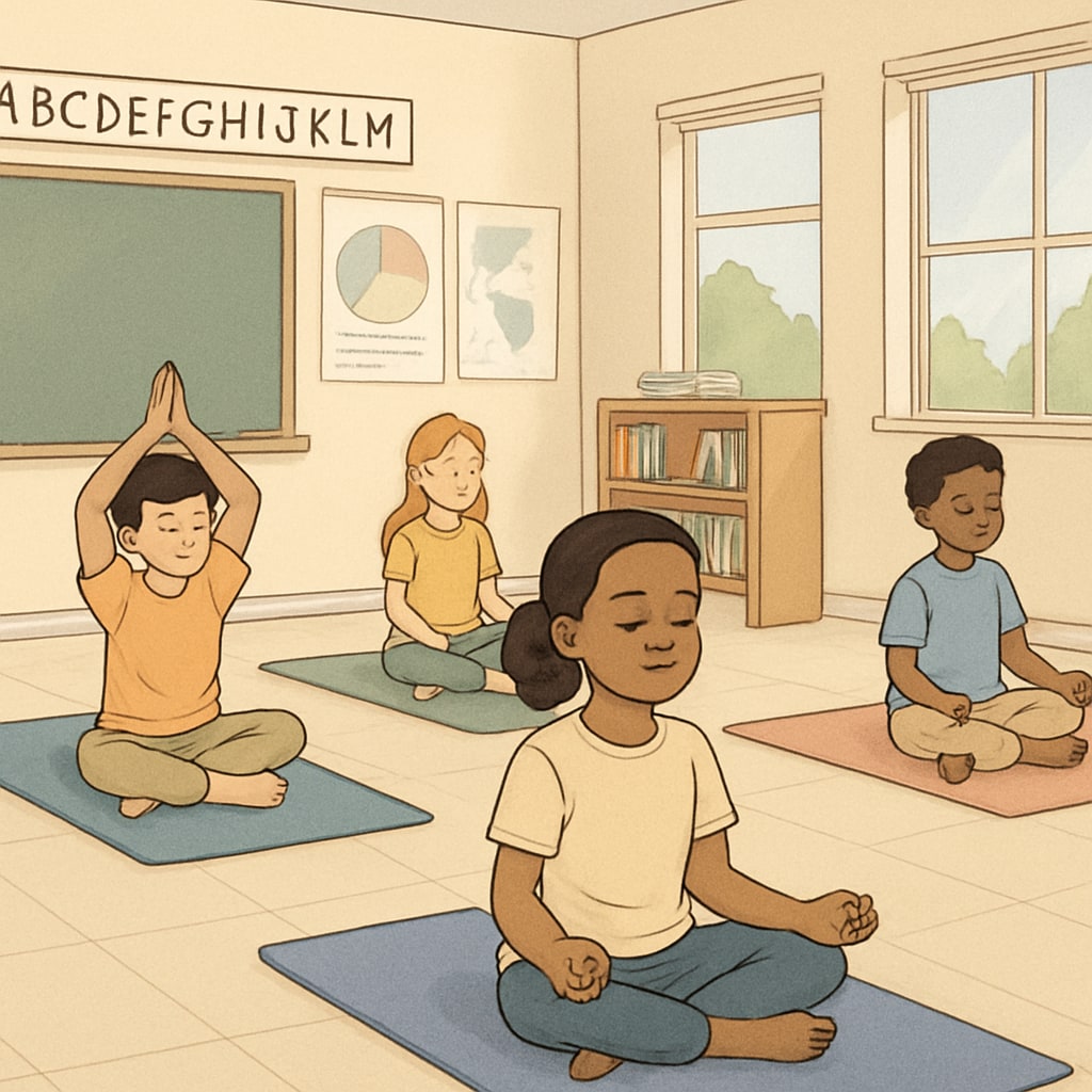 A serene classroom setting with students practicing yoga and meditation as part of their daily routine. Students engaging in yoga and meditation in a classroom setting, aligned with Sadhguru's holistic education philosophy.