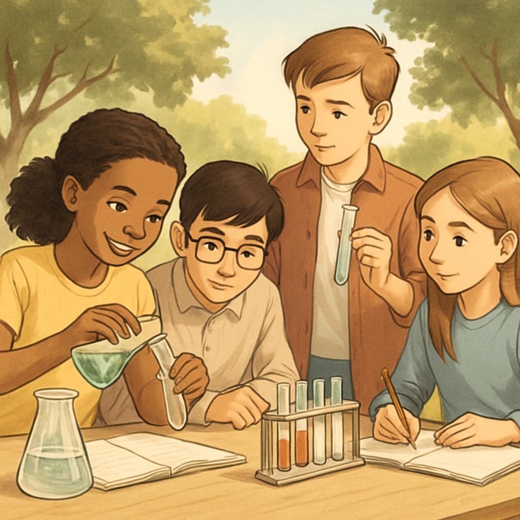 A group of students conducting a hands-on science experiment in an outdoor environment, reflecting holistic learning principles. Students participating in an outdoor science experiment, showcasing holistic learning in K12 education.