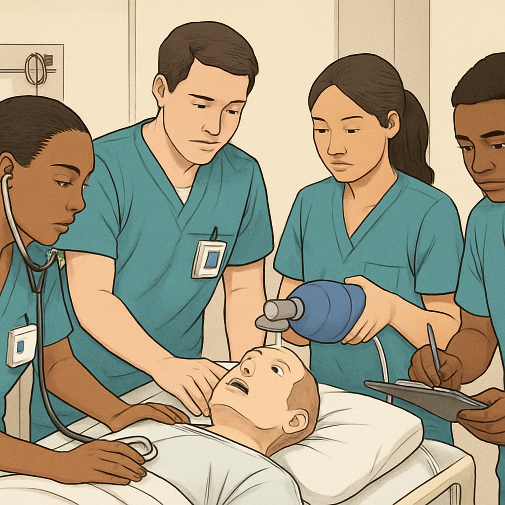 Nursing students practicing clinical skills in a lab setting.