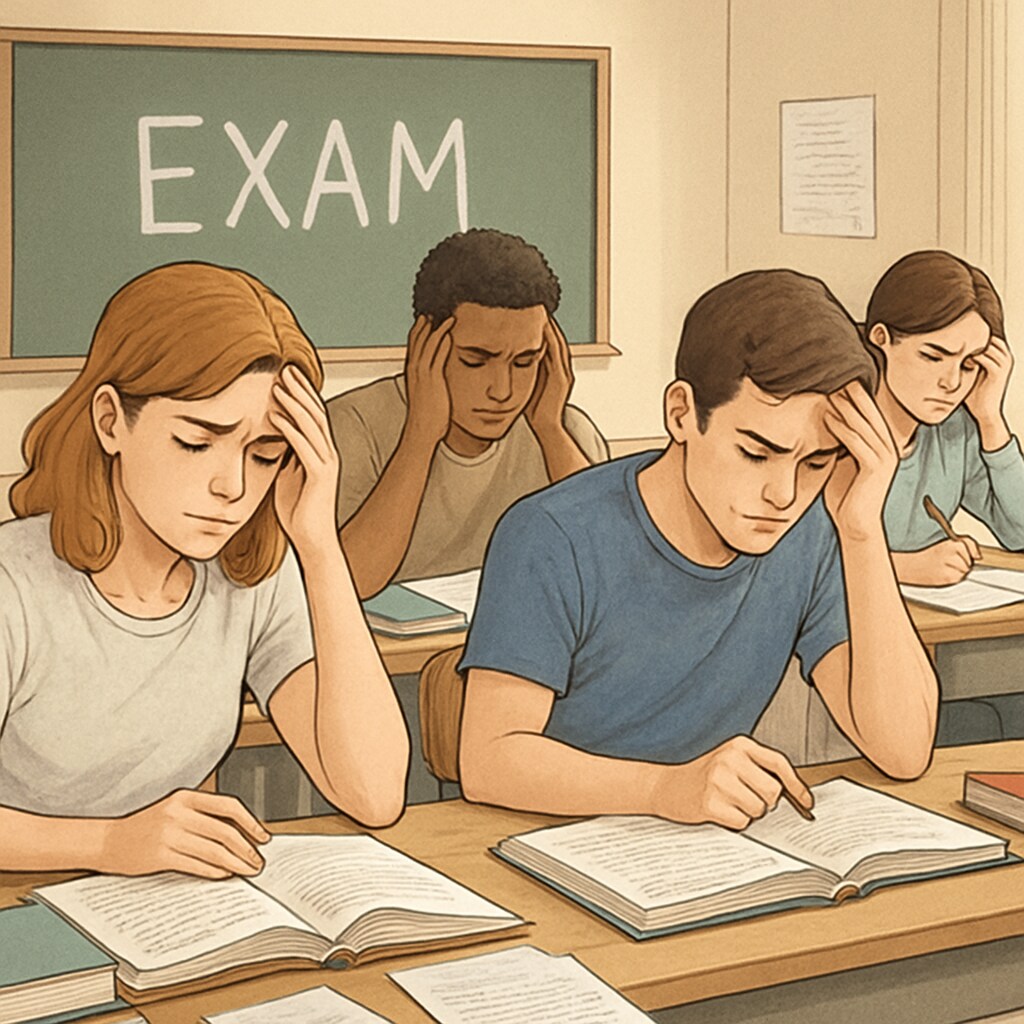 A group of students sitting in a classroom, visibly stressed while preparing for an exam. Students experiencing academic anxiety while preparing for GCSE exams and future prospects