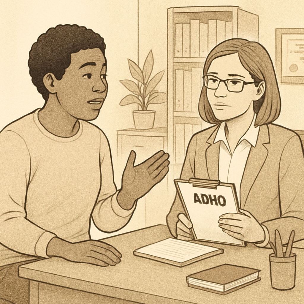 Parent advocating for ADHD accommodations during a school meeting.