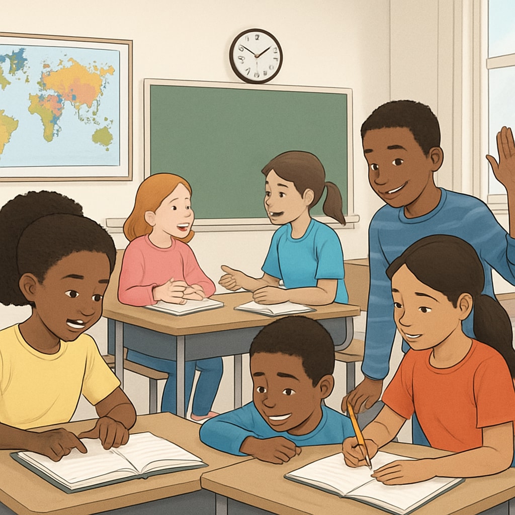 A classroom of diverse American students engaged in collaborative learning, symbolizing the US focus on inclusivity and equality in education. Diverse American students engaged in collaborative learning in a classroom.