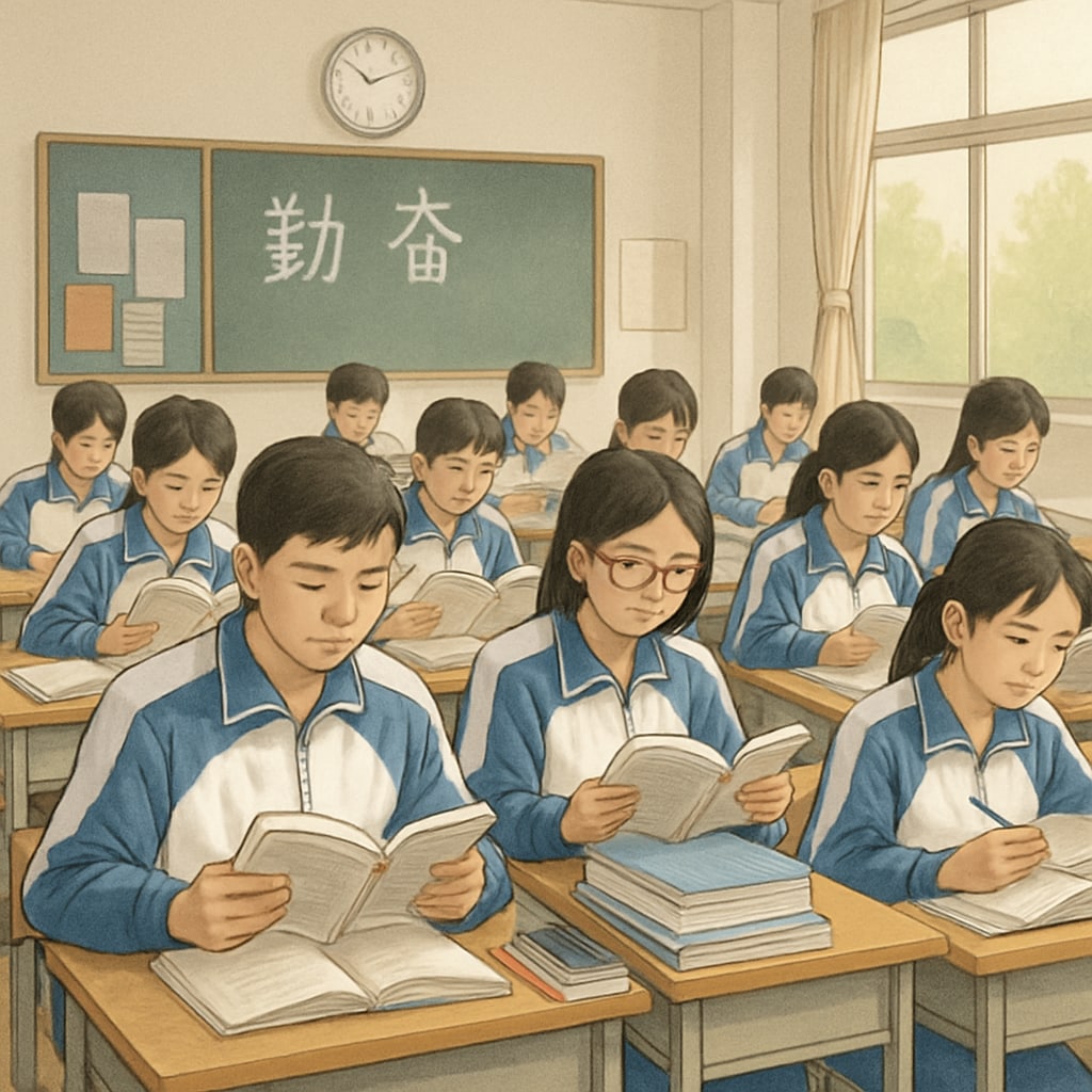 A Chinese high school classroom with students focused on their textbooks, reflecting the rigorous academic environment in China. Chinese high school students focused on textbooks in a classroom setting.