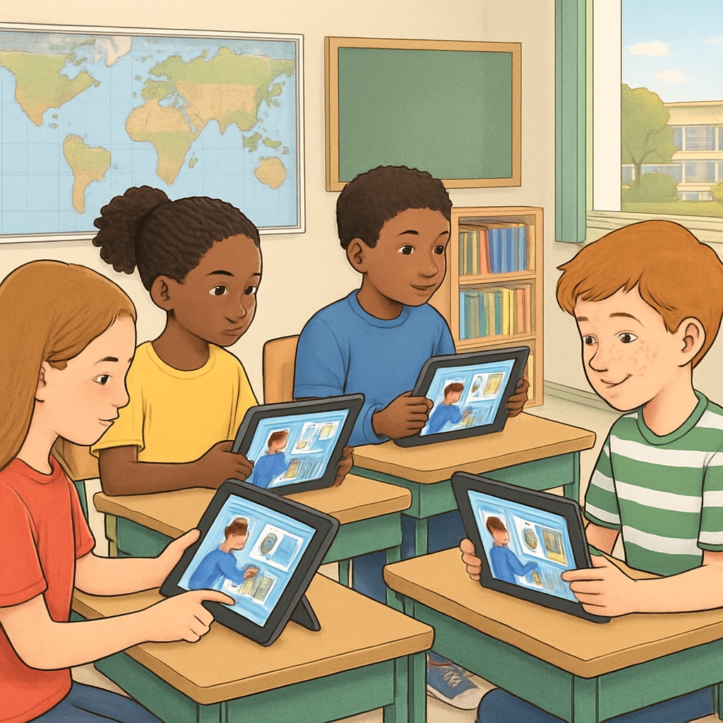 A group of diverse students watching educational short videos on tablets in a classroom setting. Students engaged in learning through short educational videos in a classroom.