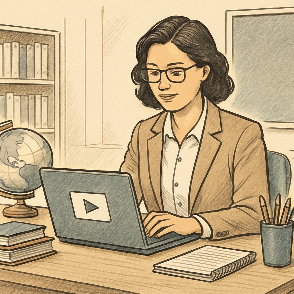 An educator curating short video content on their laptop for classroom use, ensuring quality and relevance. Educator selecting short videos for classroom integration to enhance learning.