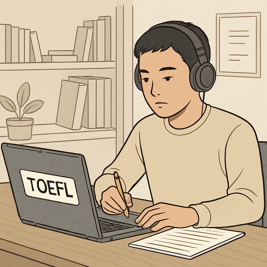 International student taking a TOEFL test to meet language proficiency requirements.