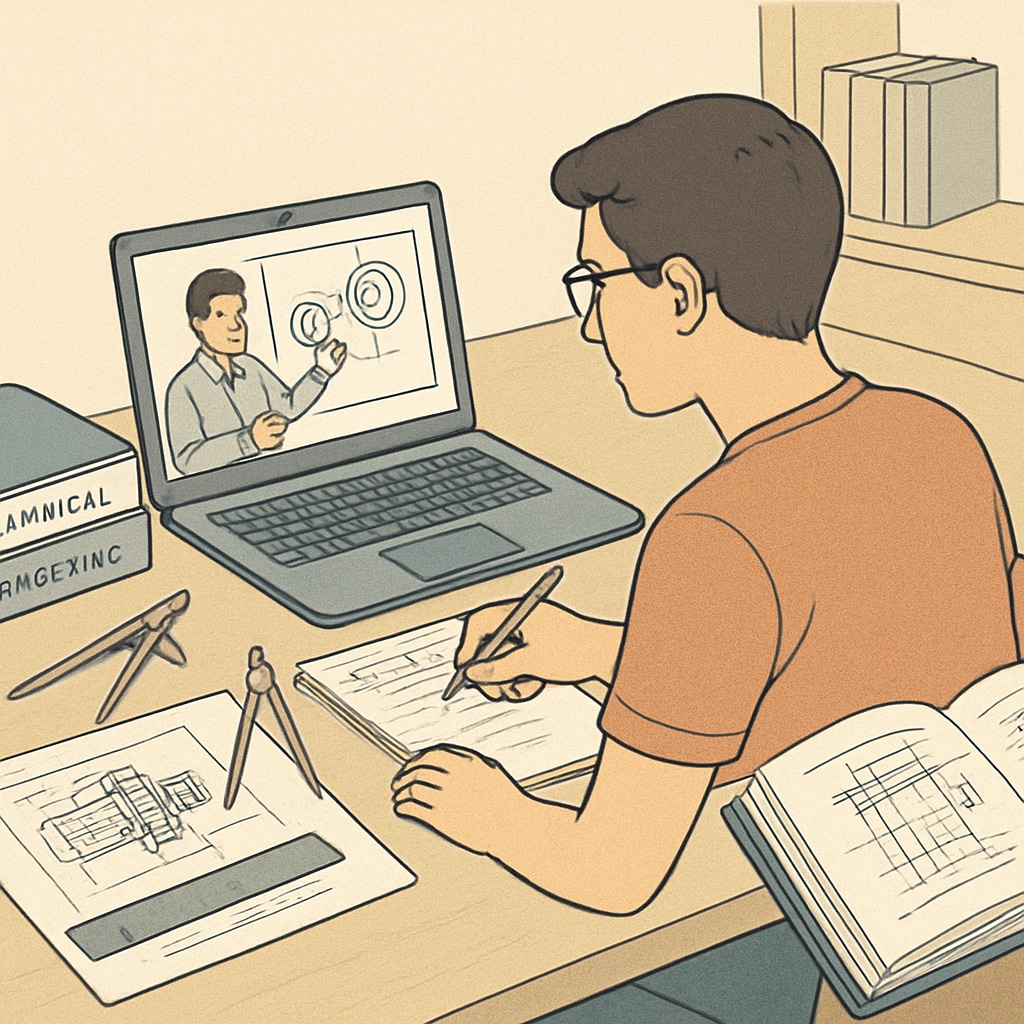 A student studying mechanical engineering while attending an online class. A student working on mechanical engineering and an online degree simultaneously.
