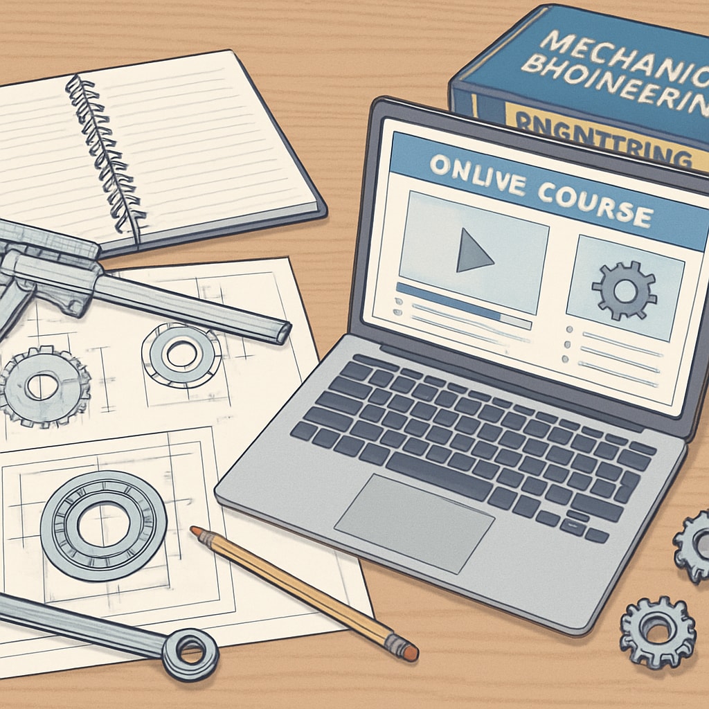 An organized desk with materials for mechanical engineering and an online course. Tools for studying mechanical engineering and online coursework on a desk.