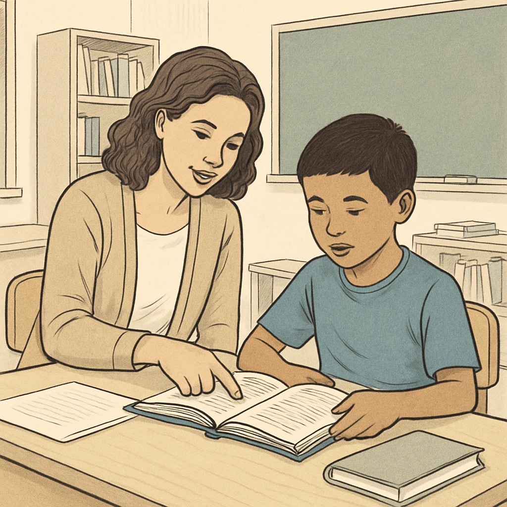 Teacher helping student with a reading task, representing literacy education.