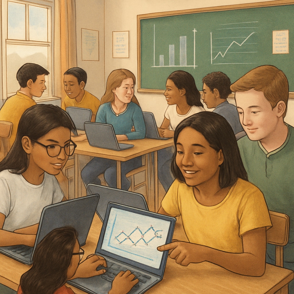 A classroom of diverse students working on data science projects on their laptops. Data science, international student applications, and university requirements in a classroom setting.
