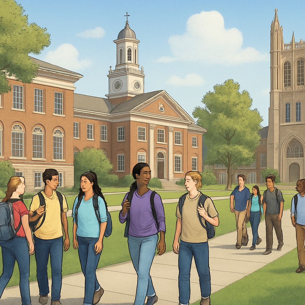 A prestigious US university campus with students walking around, representing international diversity. Data science, international student applications, and university requirements at a US university campus.