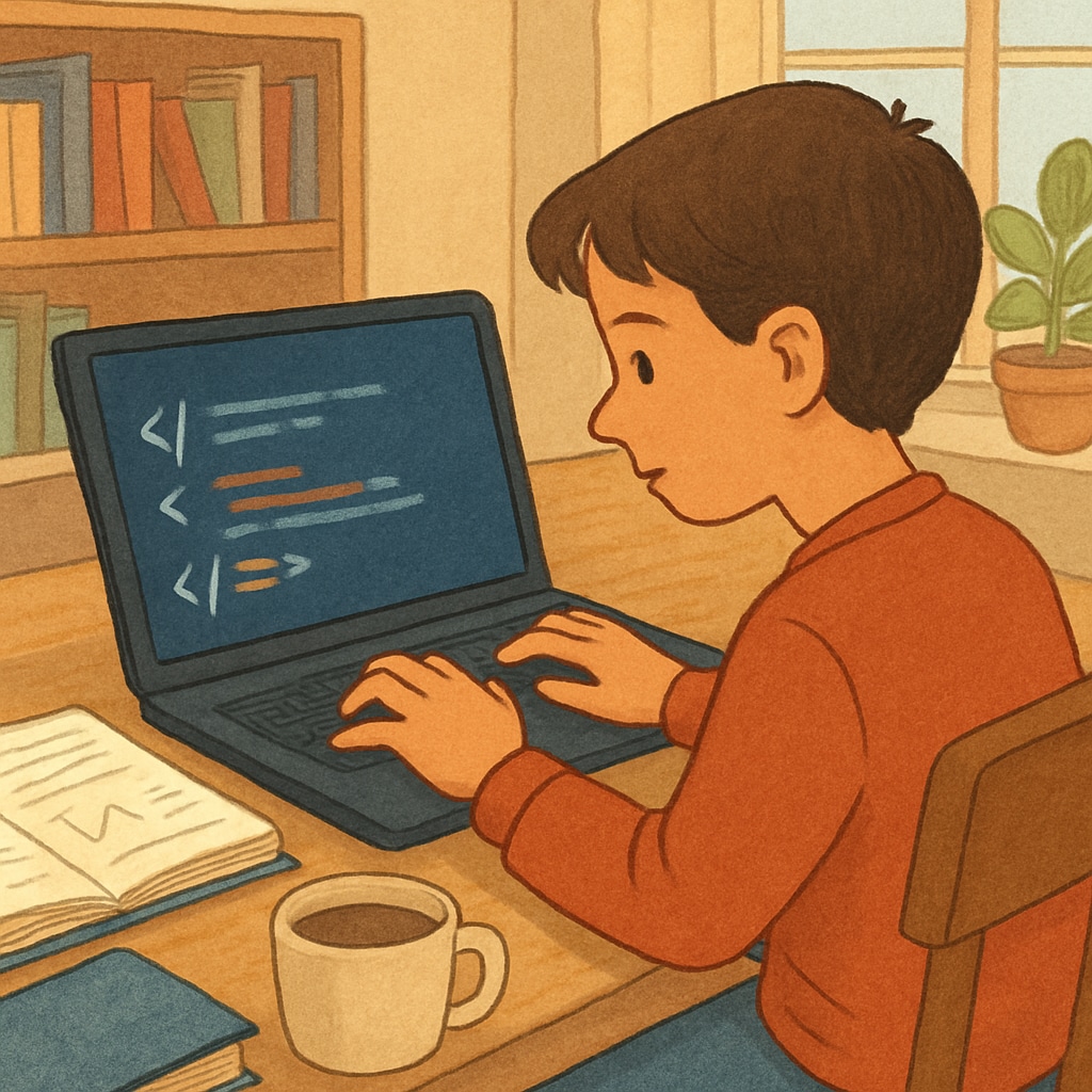 A student coding on a laptop as part of IT career exploration.