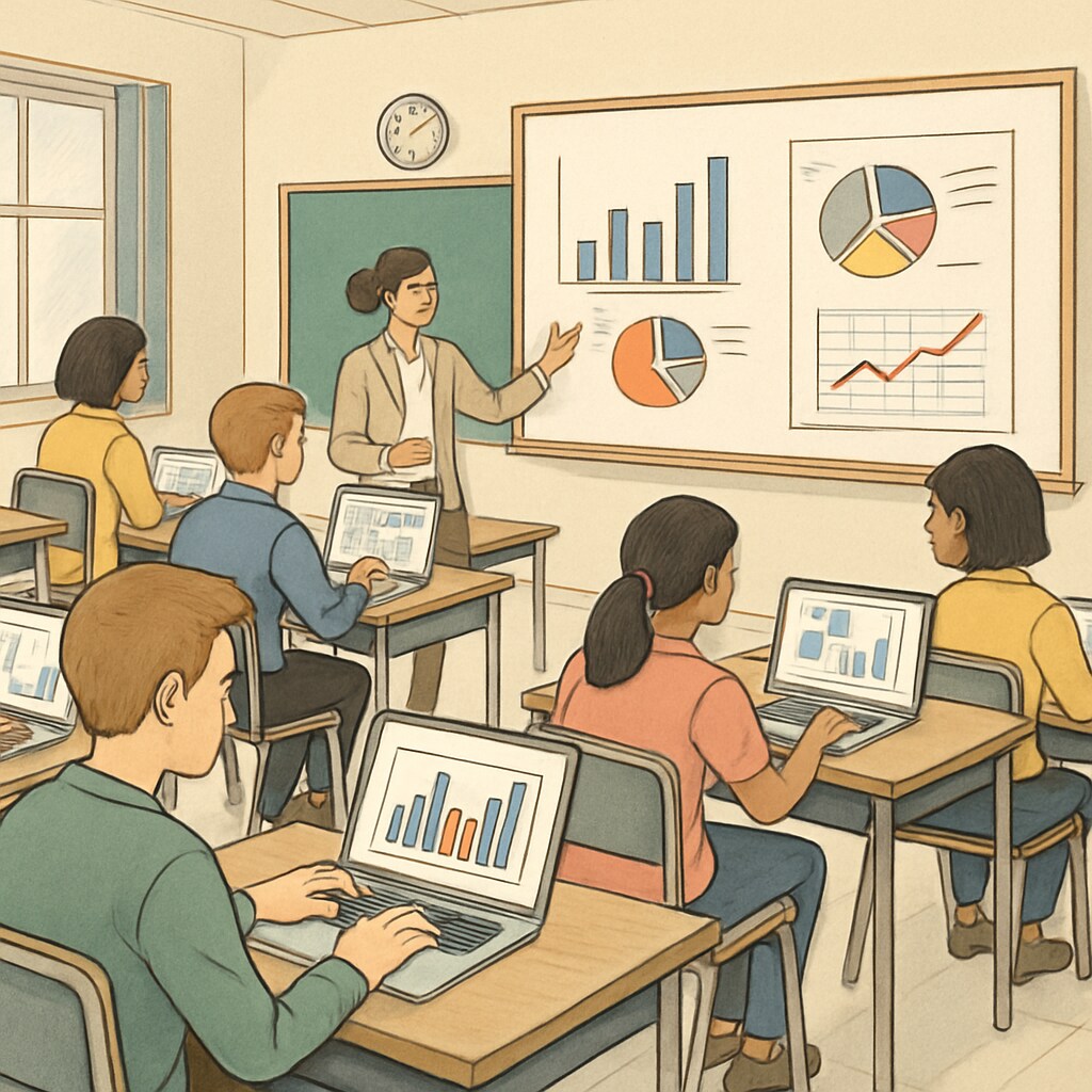 A classroom setting with students working on laptops, analyzing data in charts Students analyzing data on laptops in a K12 classroom setting, focusing on business analysis and finance skills