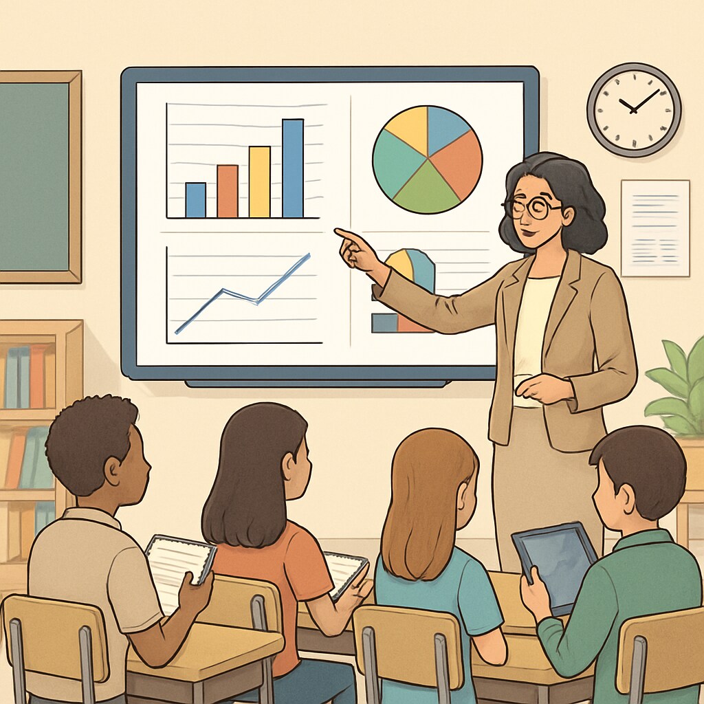 A teacher guiding students through a data visualization exercise on a digital whiteboard K12 teacher explaining data visualization concepts to students using a digital whiteboard