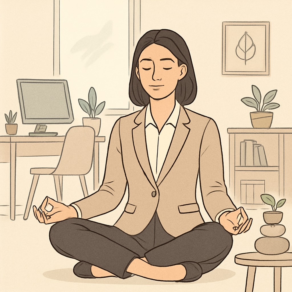 A businesswoman meditating in a peaceful office space, symbolizing balance and mindfulness. Woman entrepreneur practicing mindfulness in her workspace.