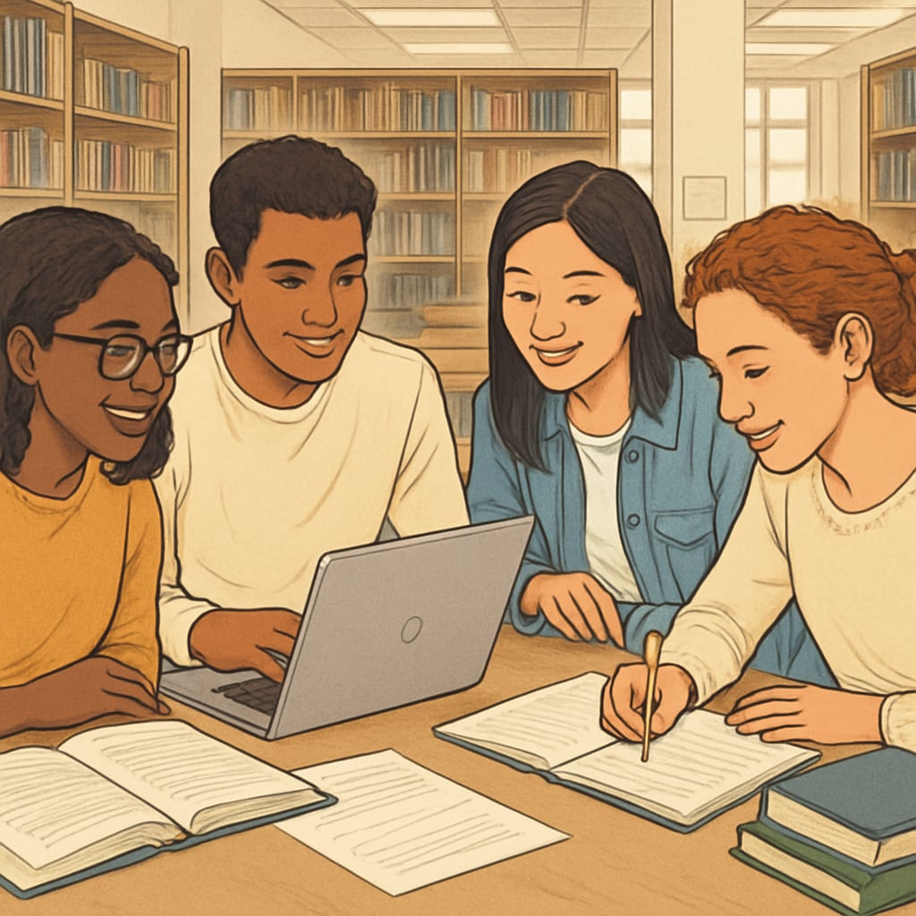 A diverse group of students studying together in a university library, emphasizing the multicultural benefits of inclusive education. University library scene showing diverse students working collaboratively.