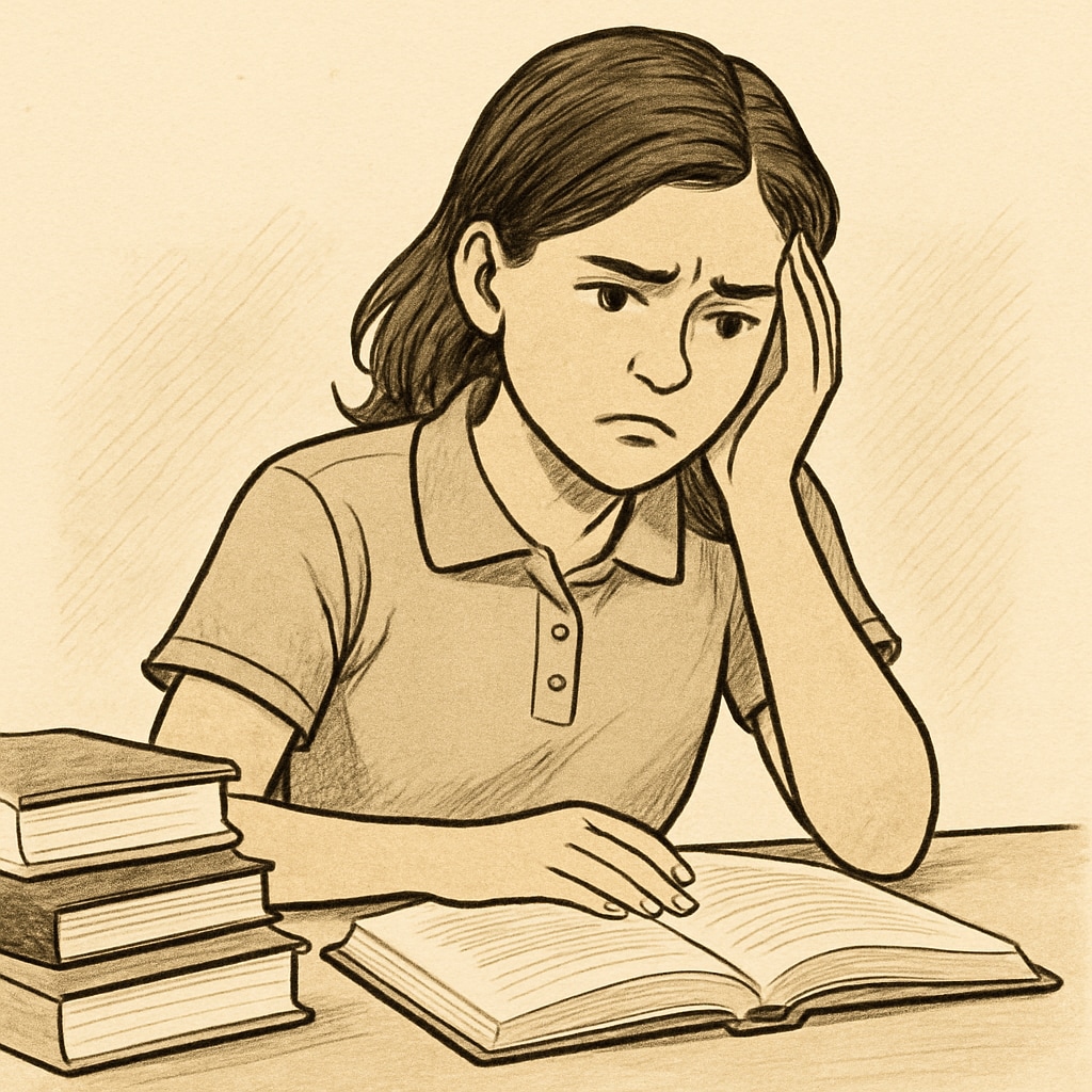 A concerned teenage girl sitting at a desk with schoolbooks, appearing frustrated. This image highlights the struggles of students facing school transfer delays. Frustrated teenage girl with schoolbooks, symbolizing school transfer delays.