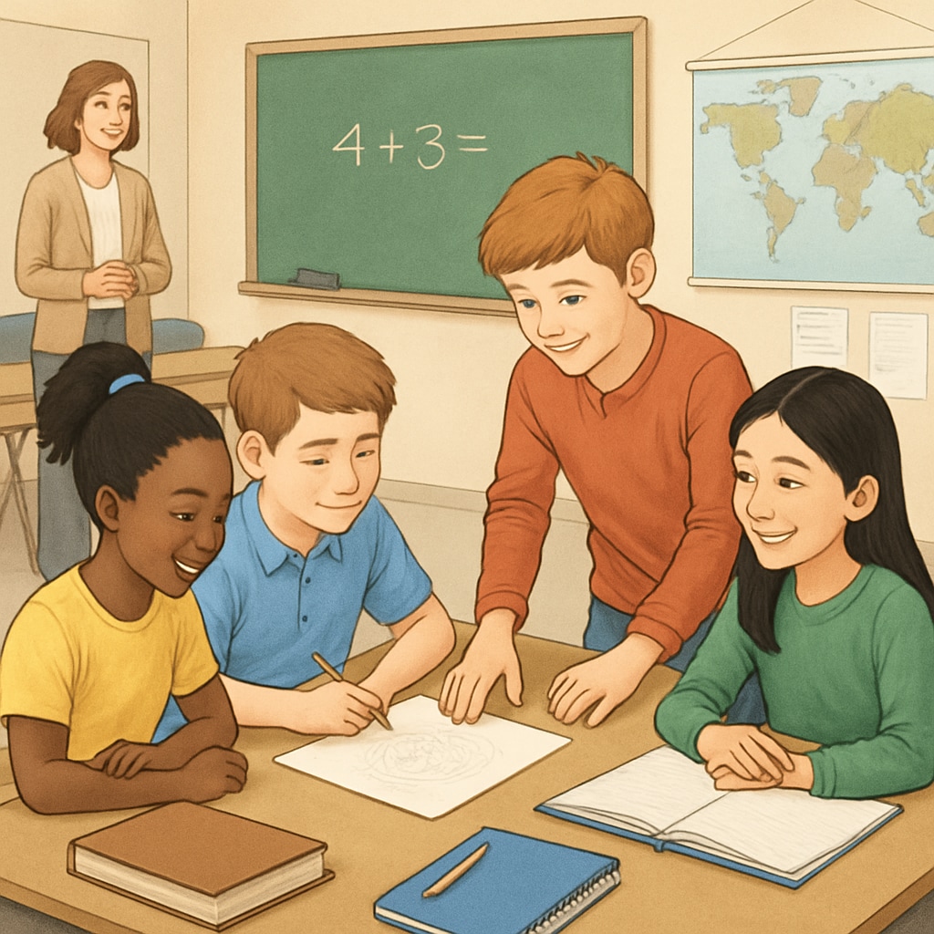 A classroom with students participating in a group activity, symbolizing the collaborative approach in American education. American classroom group activity emphasizing collaboration.