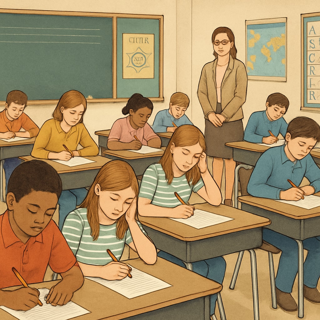 A classroom of students taking a standardized test, symbolizing the emphasis on testing methods in global education systems. Students seated in rows taking a standardized test, highlighting educational testing methods.