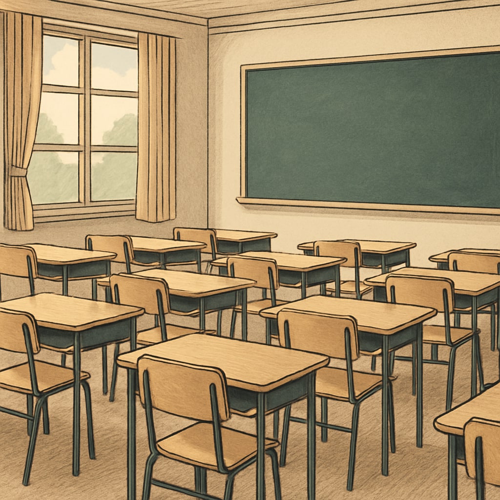 A classroom with empty desks, symbolizing the absence of students who face barriers to education. Empty classroom symbolizing barriers to education.