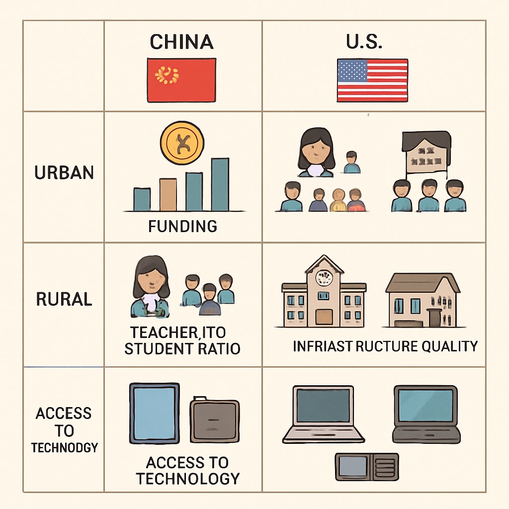 A comparison chart showing resource allocation disparities between urban and rural schools in China and the U.S. A chart comparing urban and rural school resources in China and the U.S., illustrating disparities.