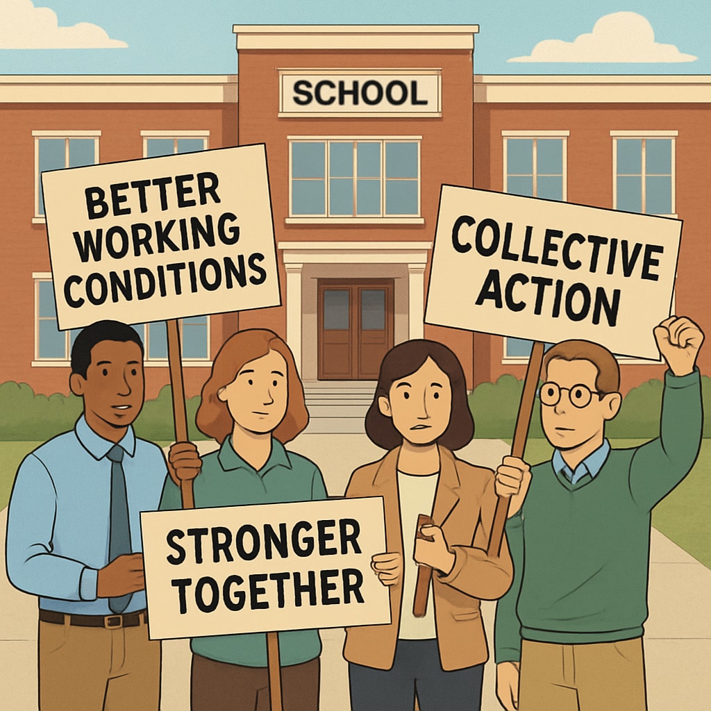 Teachers advocating for better working conditions during a Teacherless Tuesday event.