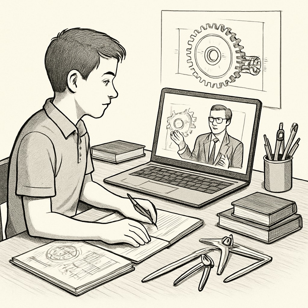 A student studying mechanical engineering while attending an online class on a laptop, symbolizing dual academic pursuits. Mechanical engineering student attending online class for dual-degree benefits.