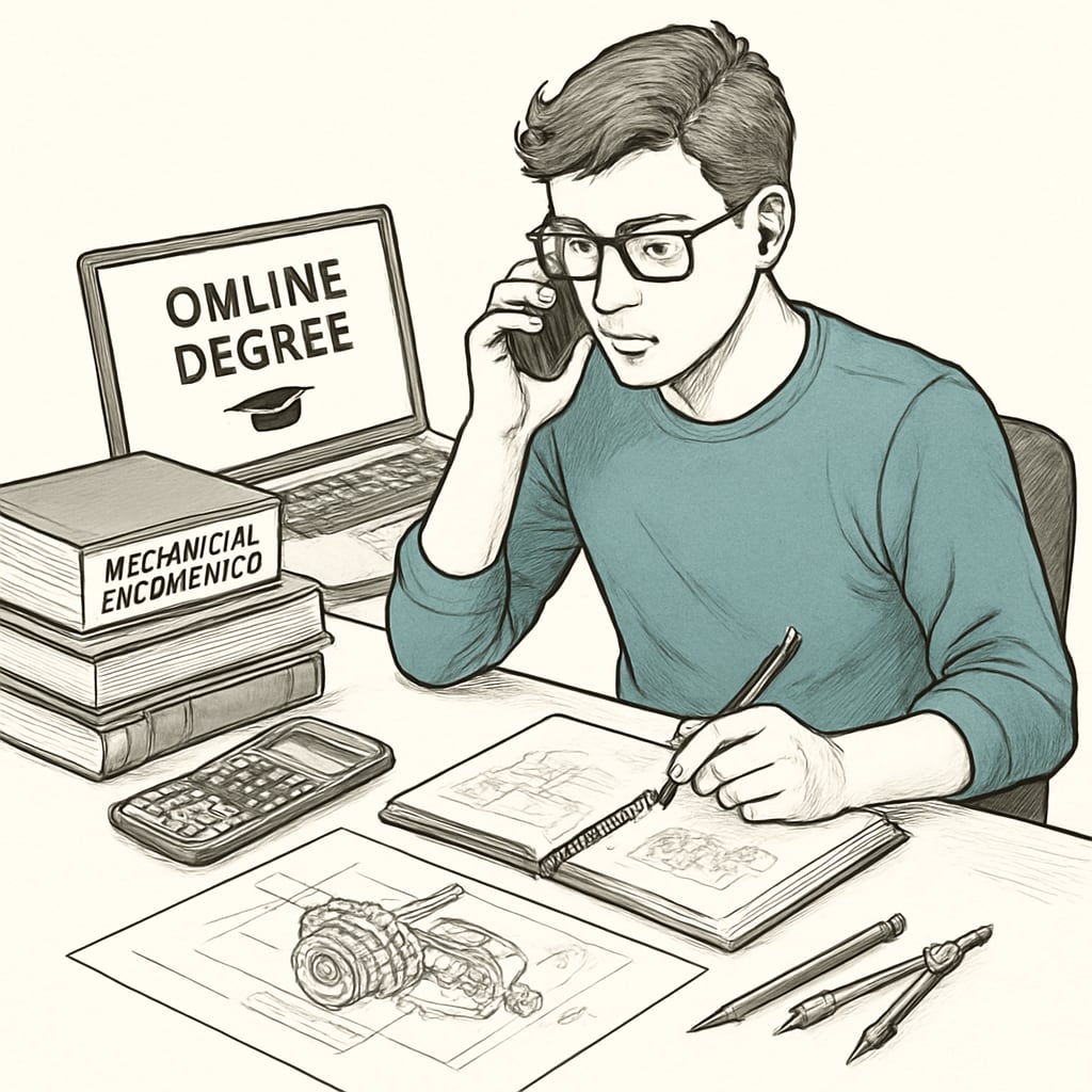 A busy student managing mechanical engineering coursework alongside online degree responsibilities, showcasing multitasking skills. Mechanical engineering student balancing traditional coursework and online studies.