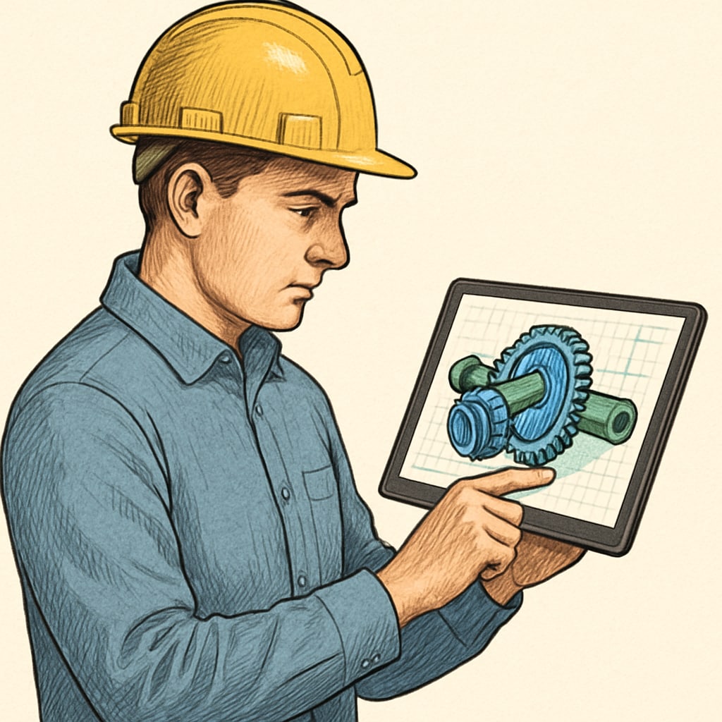 A mechanical engineer using a tablet to evaluate a 3D model, symbolizing the integration of technology and engineering. Mechanical engineer leveraging technology for innovative solutions.
