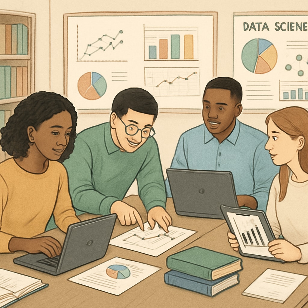 A diverse group of students working collaboratively on data science projects in a classroom setting. Students collaborating on data science projects for U.S. college applications.