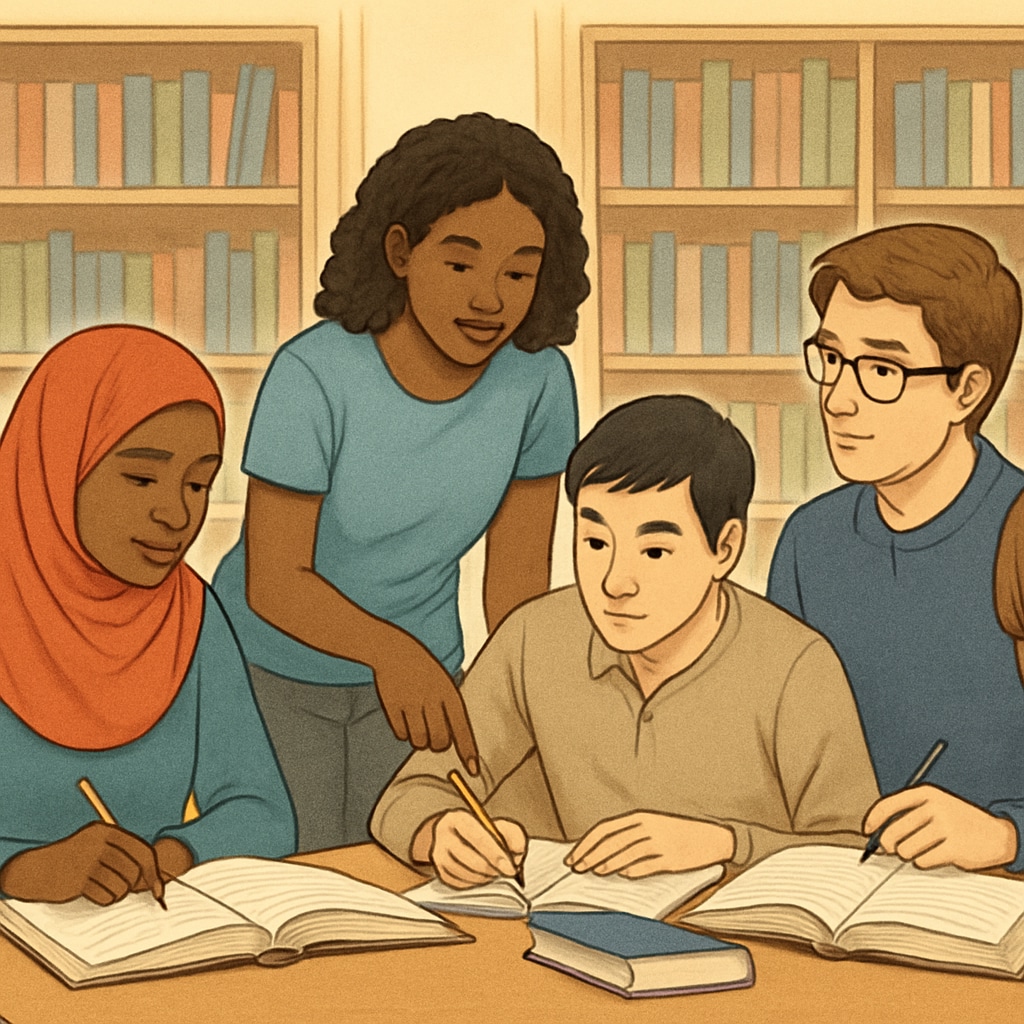 A diverse group of students studying at a university library, representing the aspirations and challenges faced by immigrant students. Immigrant students studying at a library, symbolizing their educational aspirations despite financial barriers.
