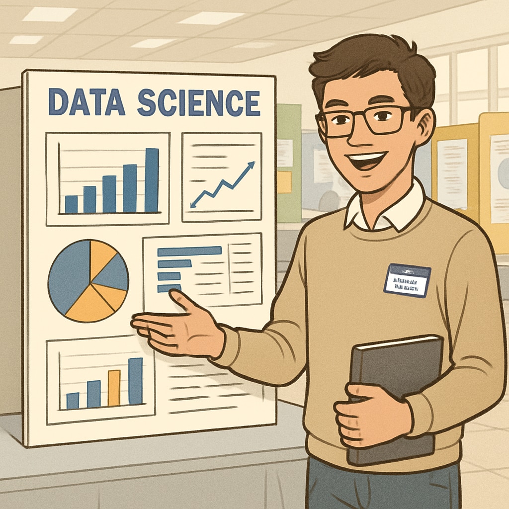 A student presenting their data science project during a science fair. Student showcasing a data science project to enhance U.S. college applications.