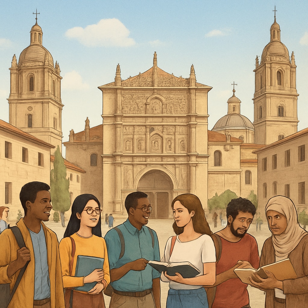 A panoramic view of a historic Spanish university campus, surrounded by students from diverse backgrounds engaging in discussions. Panoramic view of a Spanish university campus with diverse students.