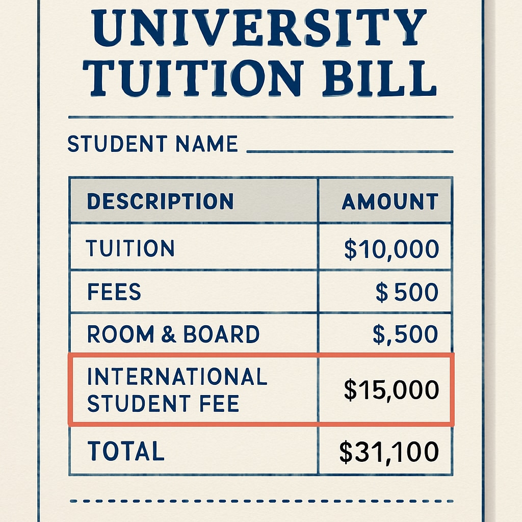 A close-up of a university tuition bill, highlighting the financial burden of international student fees. University tuition bill illustrating the financial challenges of international fees for immigrant students.