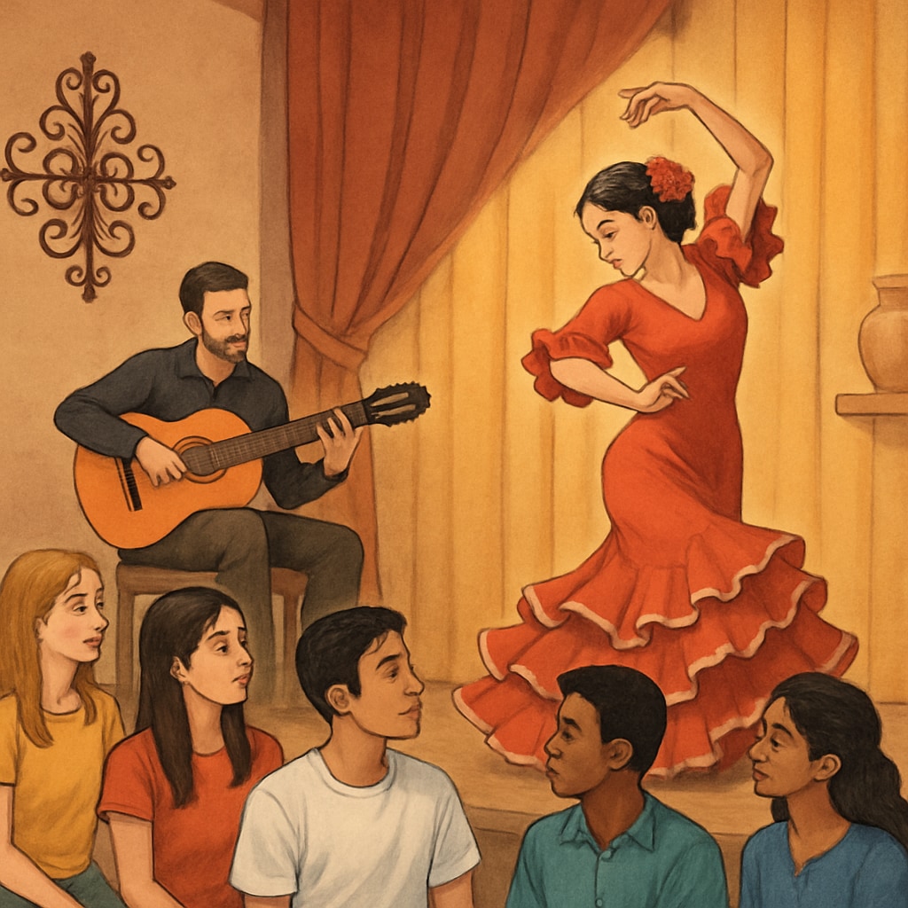 A group of international students enjoying a traditional Spanish flamenco performance, showcasing cultural integration. International students watching a flamenco performance in Spain.