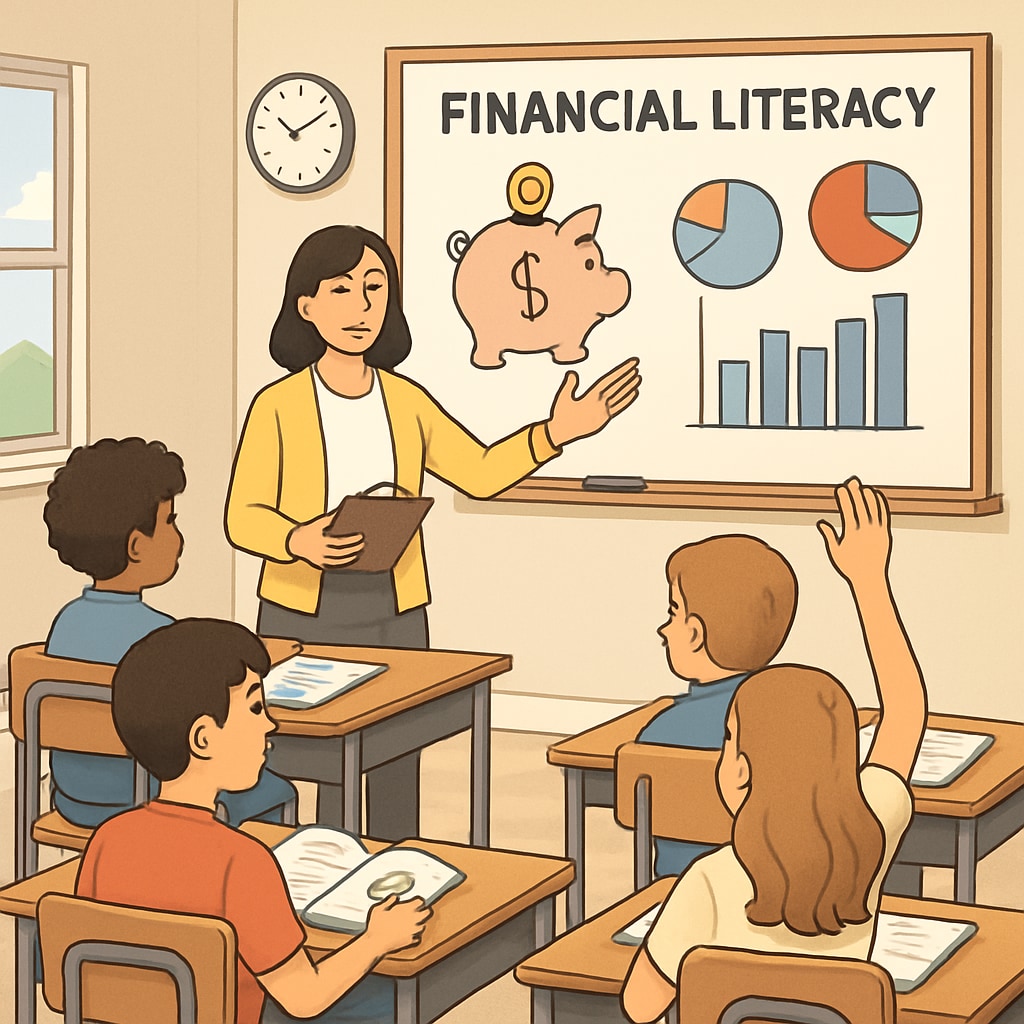 A classroom setting where students are engaging in a financial literacy workshop. This image emphasizes the importance of early education in finance. Students learning financial literacy in a classroom setting.
