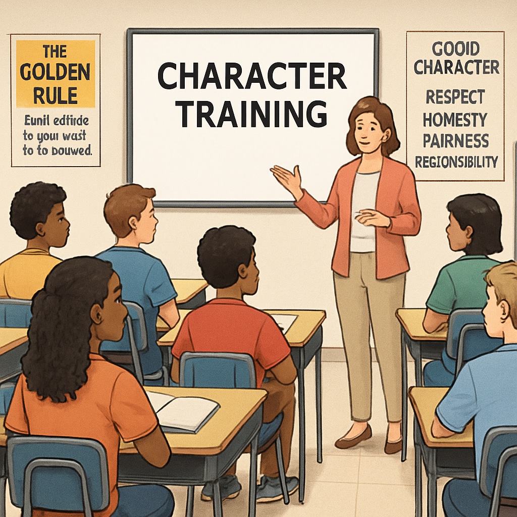 A group of students attending a mandatory character training session, with a teacher or facilitator leading the discussion. Students attending a character training session as part of an attendance policy intervention.