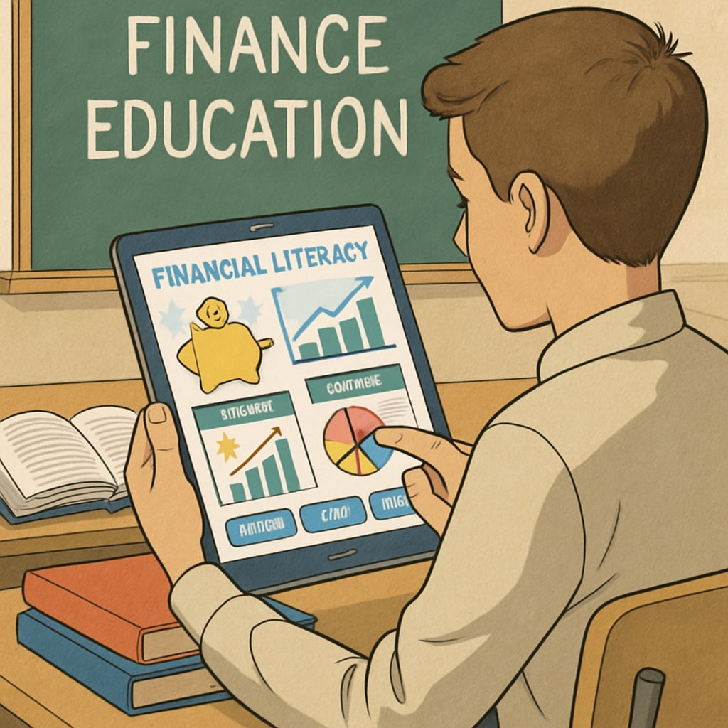 A student using an interactive financial literacy app during class. This image highlights practical tools for teaching finance concepts. Student using a financial literacy app to learn budgeting and investing.