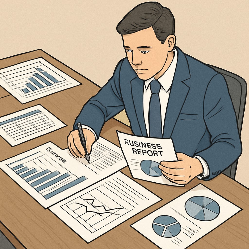 Business and finance expert analyzing reports for strategic decisions.
