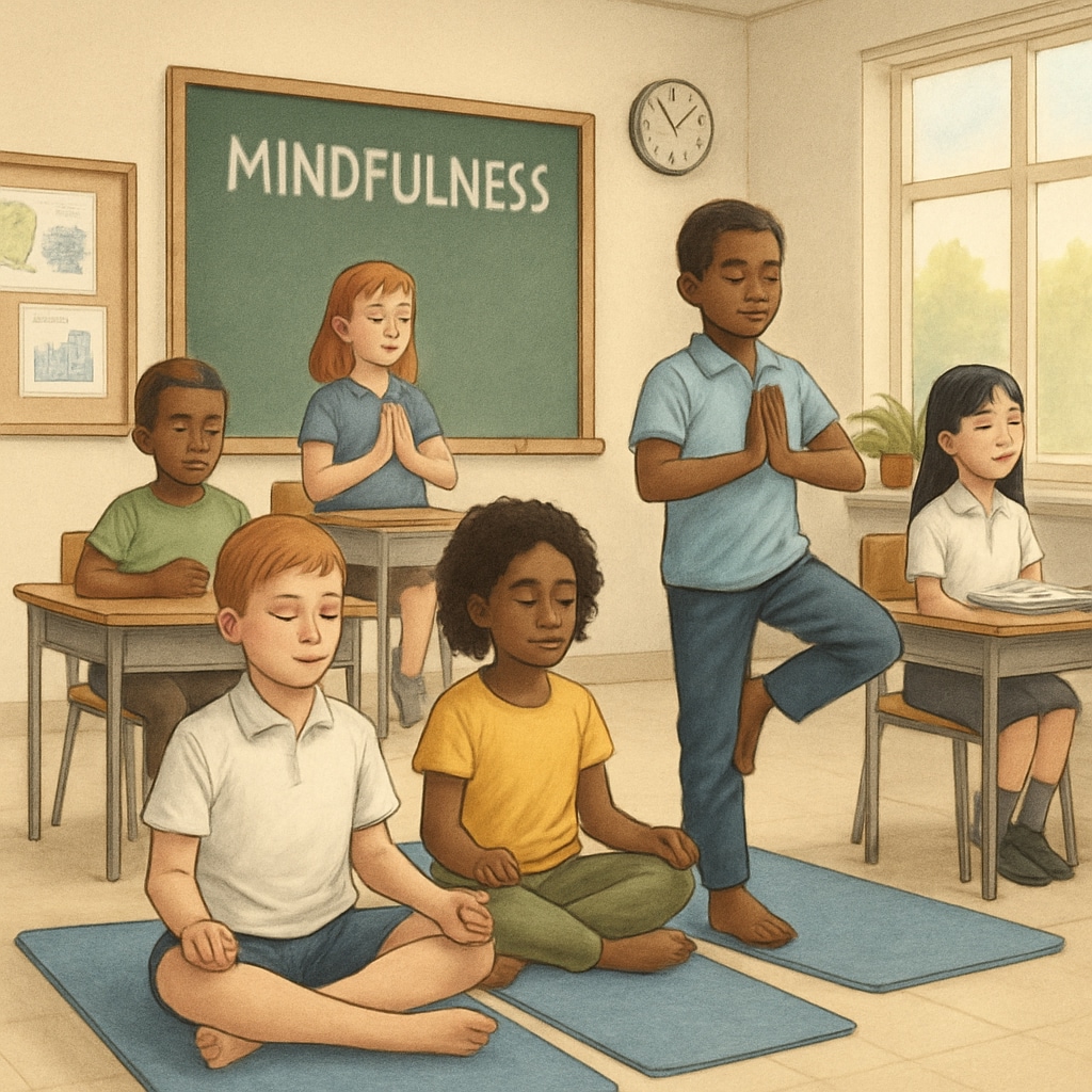 A serene classroom setting inspired by yoga principles, showing students engaged in mindfulness practices, connecting education with holistic development. Students practicing mindfulness in a serene classroom setting inspired by yoga philosophy.