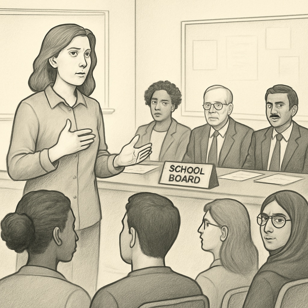 A parent expressing concern during a school board meeting, highlighting the tension between family values and school policies. Parent voicing concerns about school policies during a meeting.