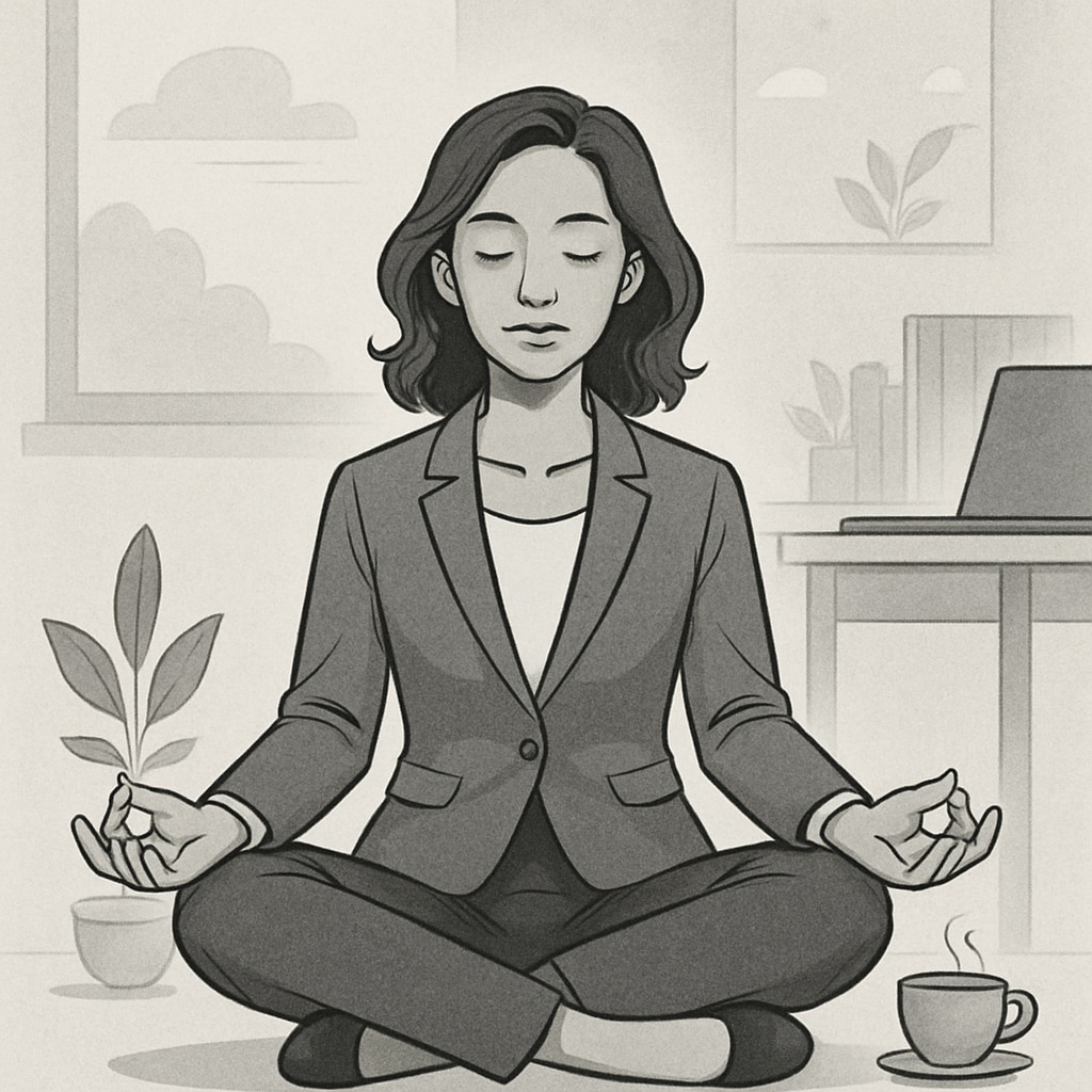 A woman entrepreneur meditating in a workspace, demonstrating mindfulness practices inspired by yoga philosophy, showcasing leadership qualities. A female entrepreneur meditating in a workspace, inspired by yoga teachings on mindfulness.