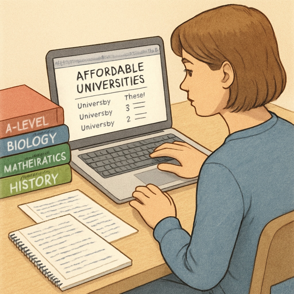 A student researching affordable universities online using a laptop, with notes and AS level textbooks nearby. Student researching affordable universities online with AS level textbooks.
