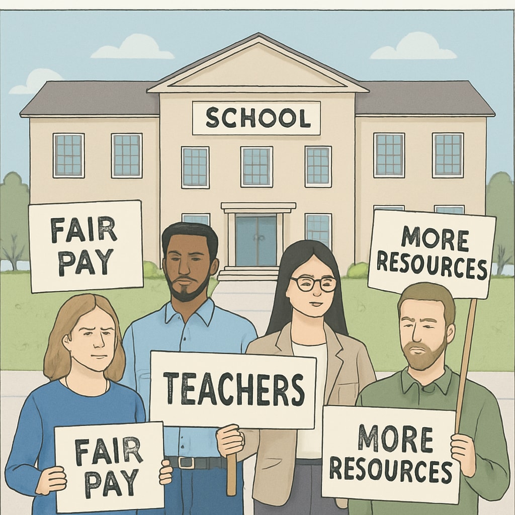 A protest sign held by teachers outside a school, advocating for better pay and resources. Protest sign advocating for teacher pay and resources during