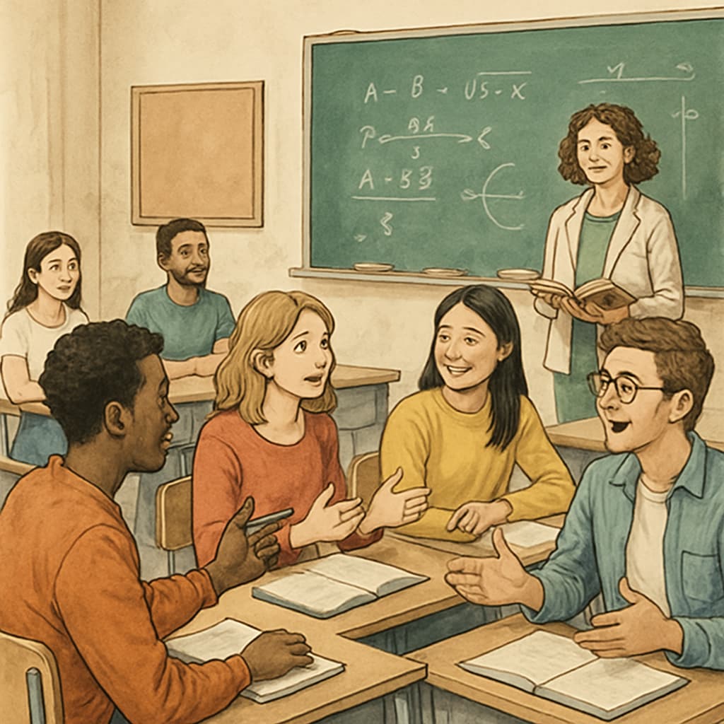 A classroom setting in a budget-friendly European university, with diverse students engaging in discussion. Diverse students in a classroom of a budget-friendly European university.