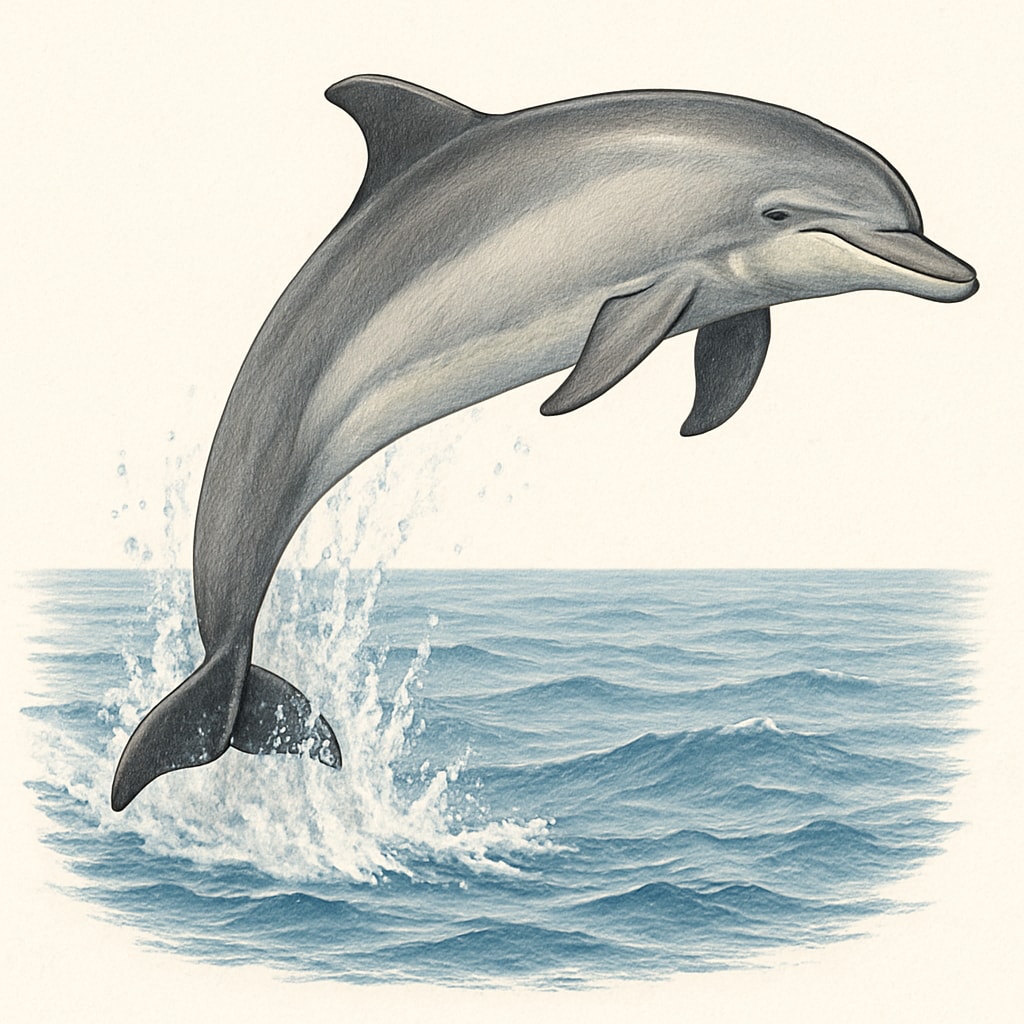 A Bottlenose Dolphin leaping out of the ocean, showcasing its agility and playful behavior. Bottlenose Dolphin jumping in the ocean during a sunny day.