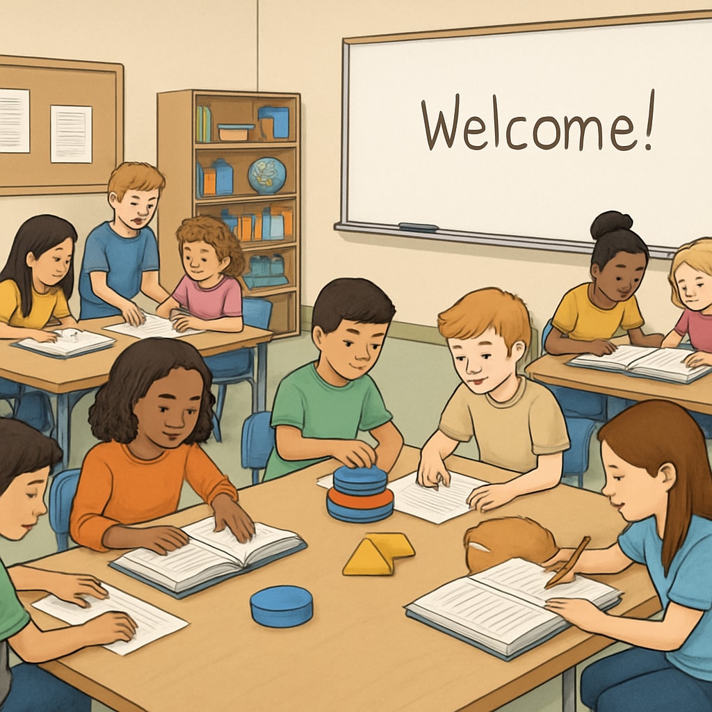 U.S. classroom with students participating in group learning activities.