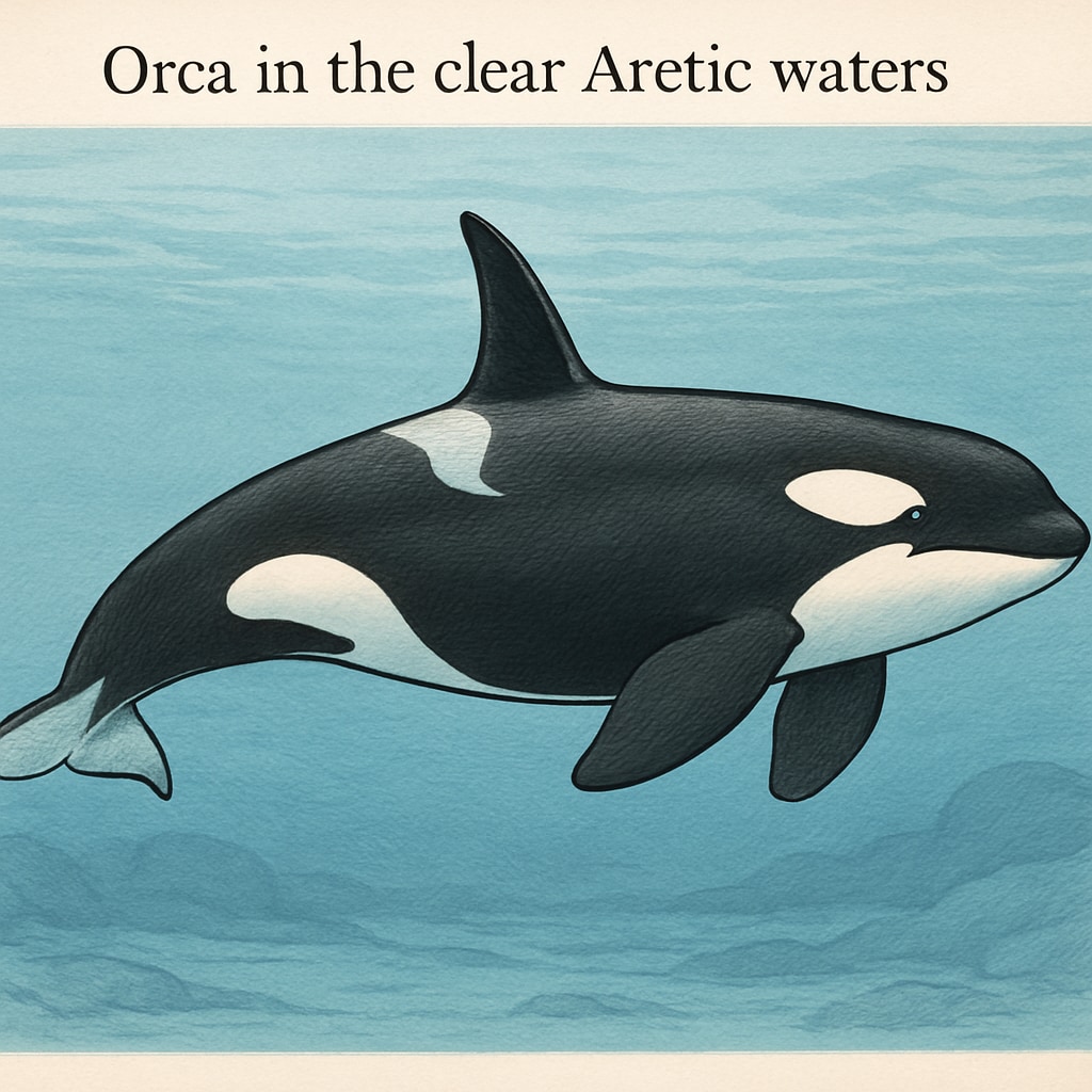 An Orca swimming in Arctic waters, highlighting its majestic black-and-white appearance. Orca gliding through icy Arctic waters with striking black-and-white coloration.