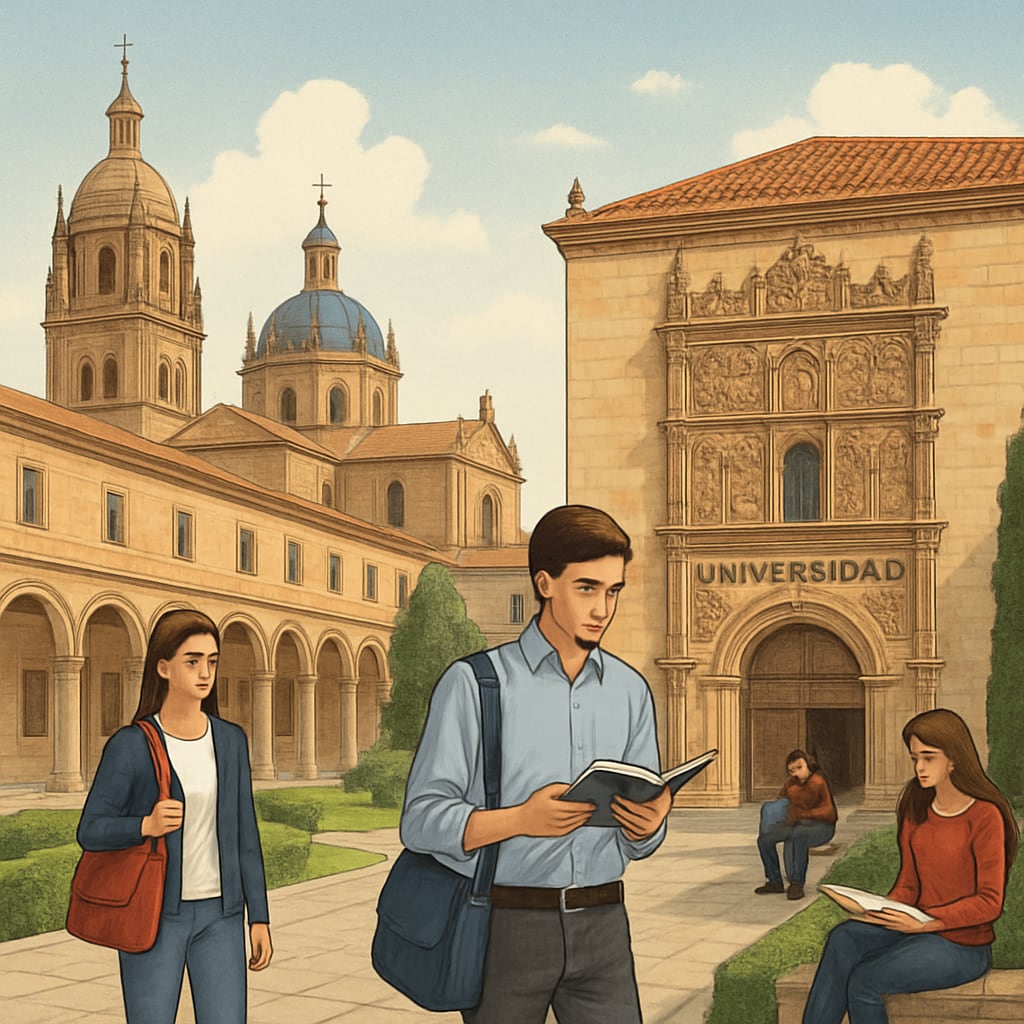 A scenic view of a Spanish university campus surrounded by historic architecture. Spanish university campus featuring historic architecture and vibrant surroundings.