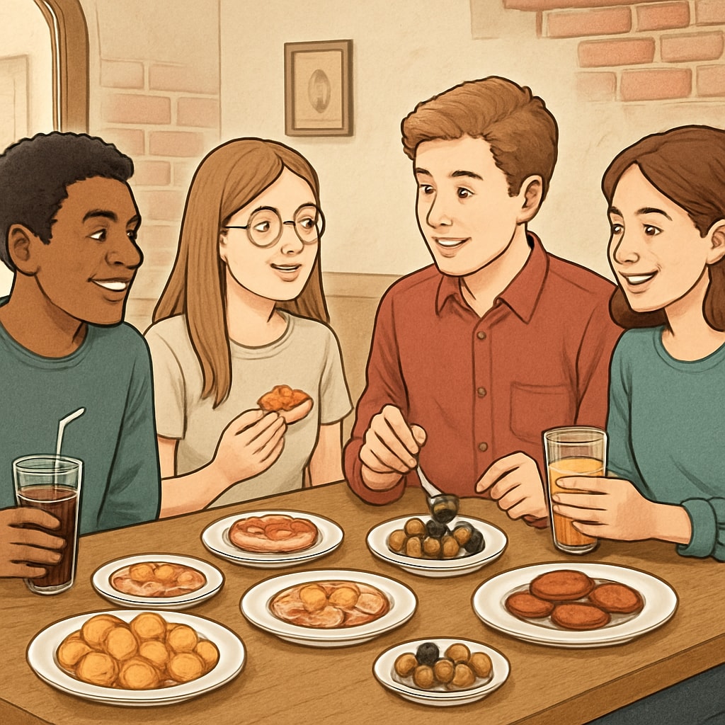 A group of students enjoying tapas and drinks at a local Spanish restaurant. International students integrating into Spanish culture by enjoying tapas at a local restaurant.